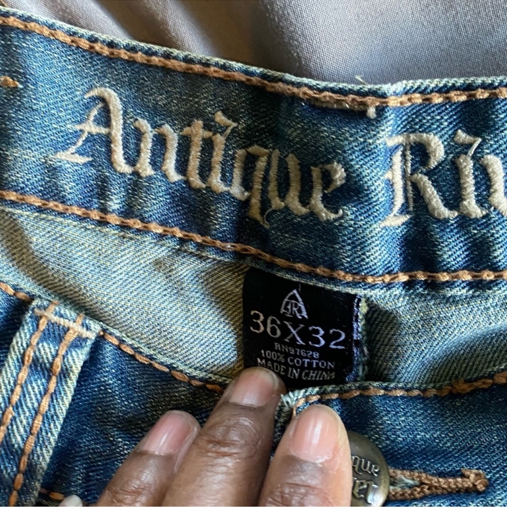 Antique Rivet Relaxed Blue Distressed Jeans - Picture 2 of 8